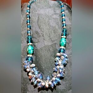 Vintage Teal, clear & silver teardrop cluster necklace